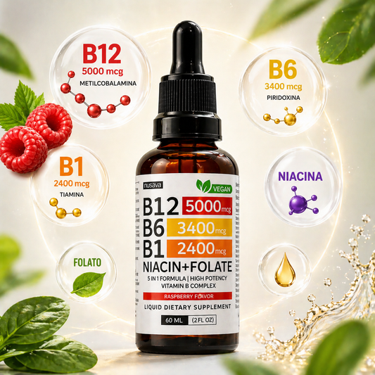 Nusava Vitamina B12 Complejo Líquido 5000 mcg Energía y enfoque rápido.