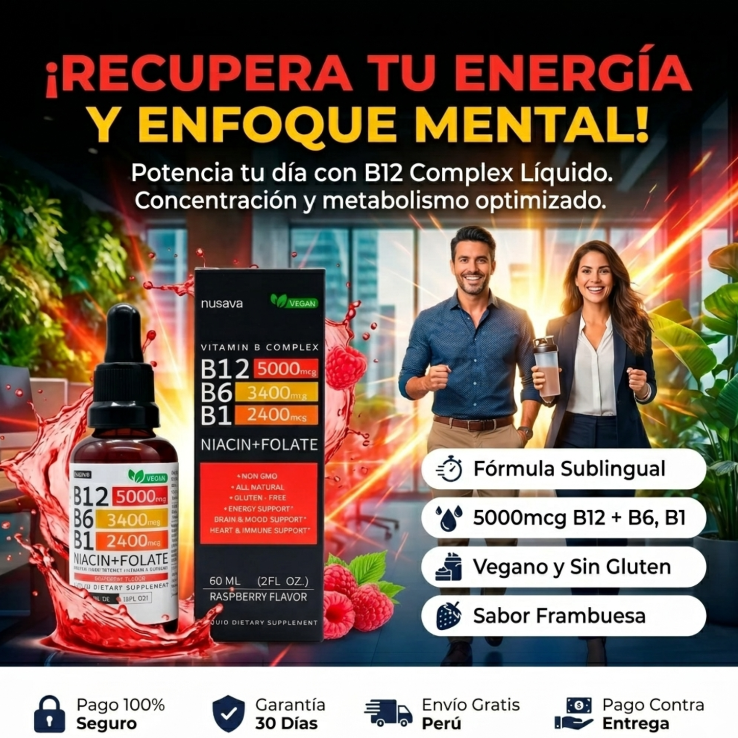 Nusava Vitamina B12 Complejo Líquido 5000 mcg Energía y enfoque rápido.