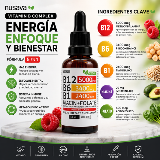Nusava Vitamina B12 Complejo Líquido 5000 mcg Energía y enfoque rápido.