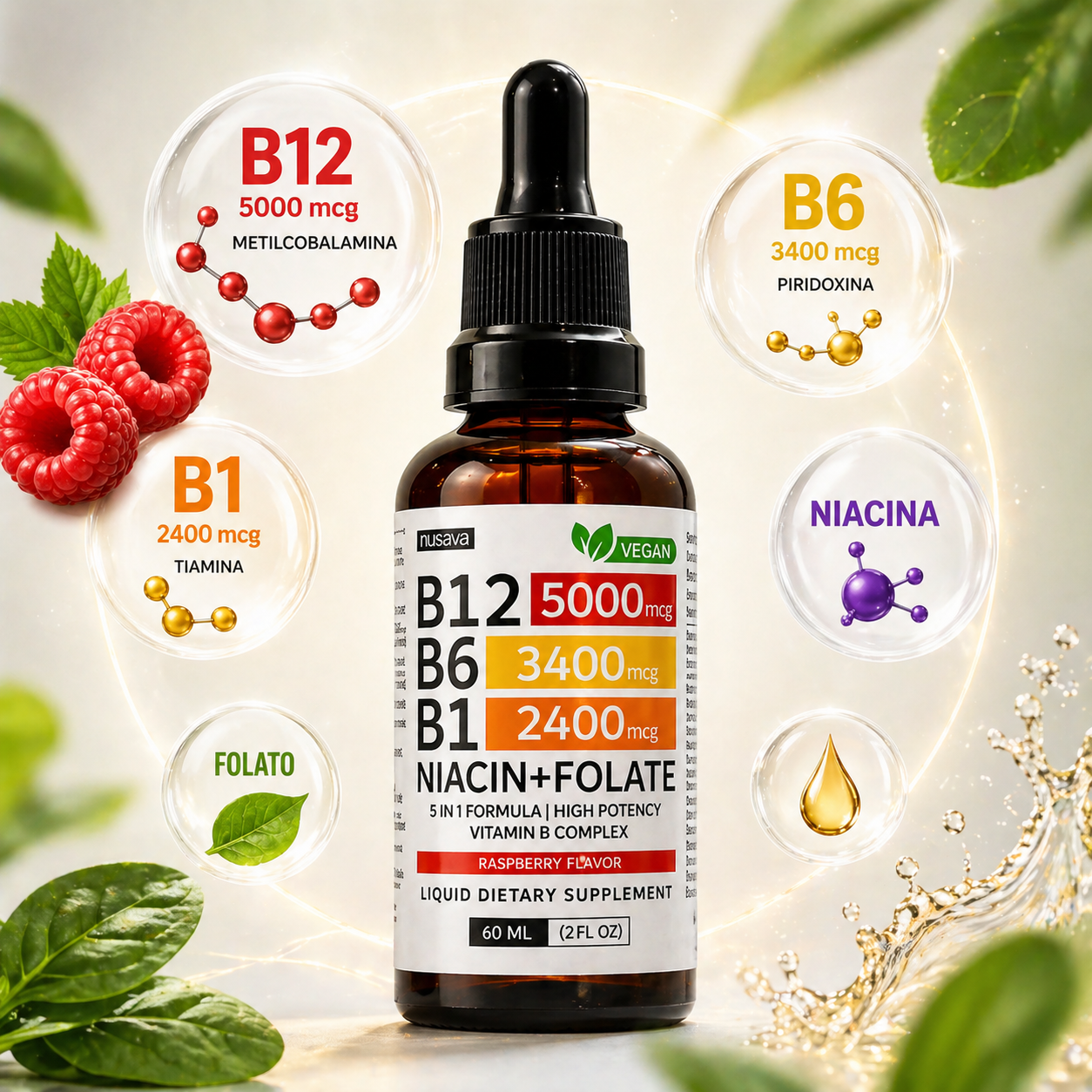 Nusava Vitamina B12 Complejo Líquido 5000 mcg Energía y enfoque rápido.